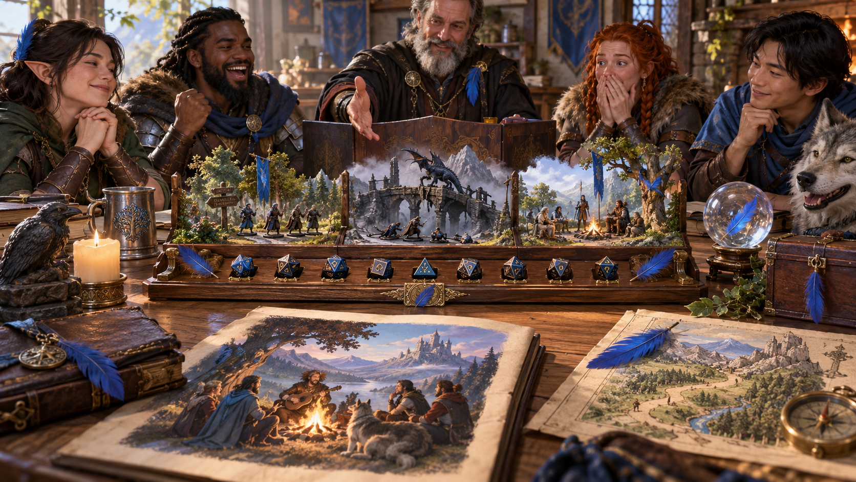 Fantasy illustration of a gaming group viewing a three-part story thread, recorded dice and a recurring blue feather beside campaign notes