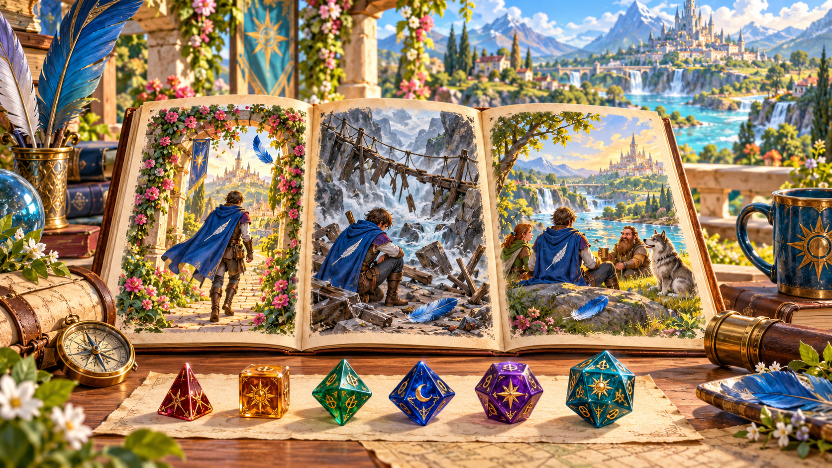Fantasy illustration of a three-part storybook with a blue-cloaked adventurer, bridge setback, recovery scene and colourful dice