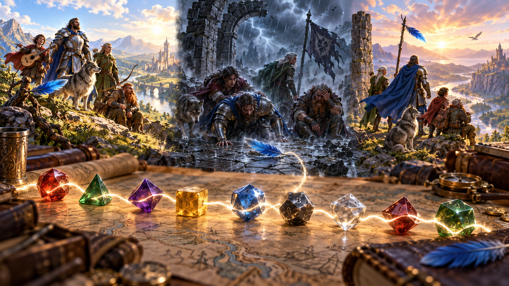 Fantasy illustration of adventurers across bright beginnings, a stormy reversal and a sunset recovery with a recurring blue feather