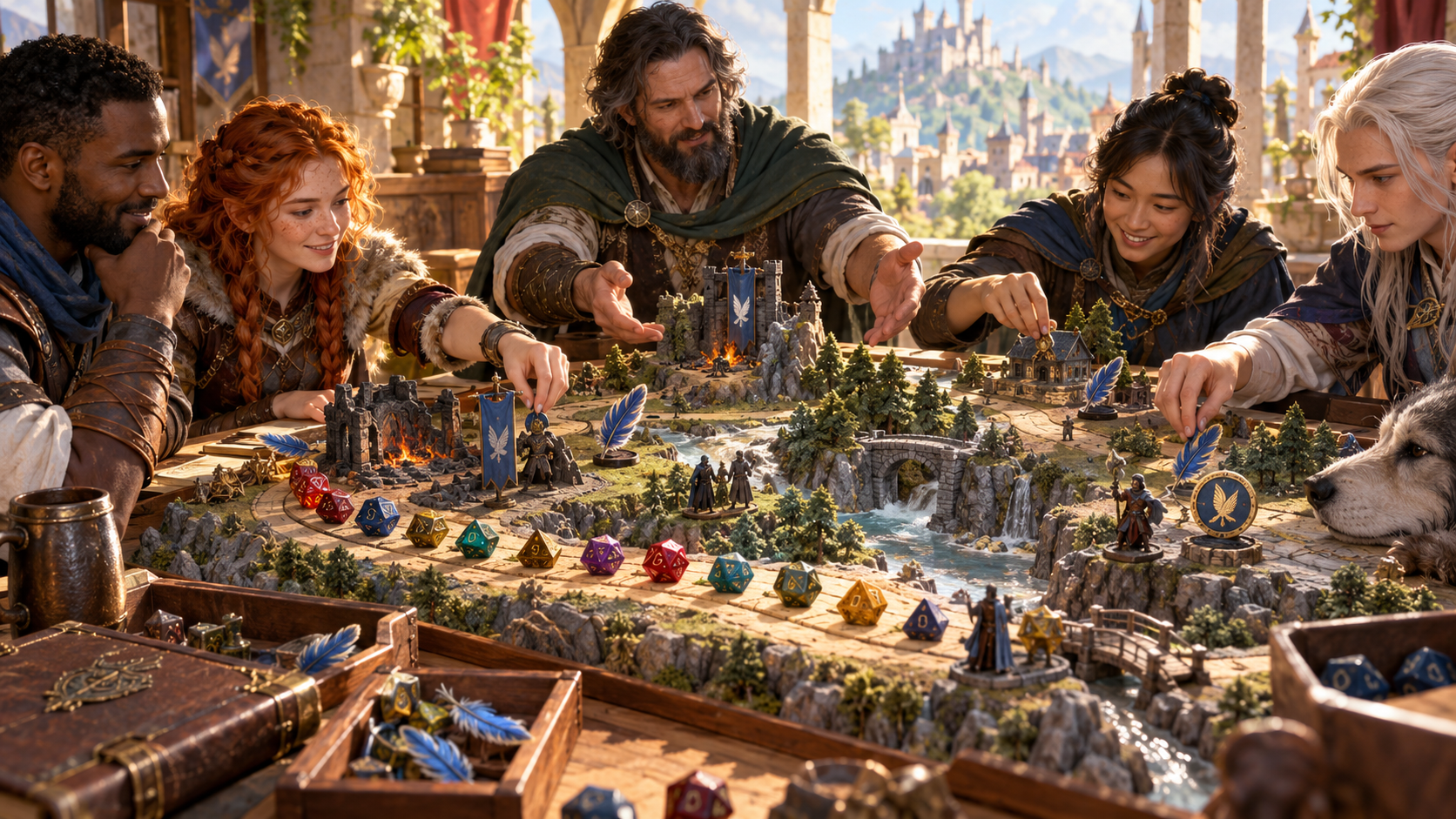 Fantasy illustration of a Dungeon Master and players shaping a narrative around a row of dice and blue-feather motifs on a miniature landscape